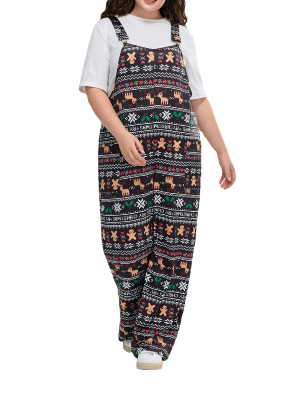 BloomChic Black Festive Reindeer & Gingerbread Print Plus-Size Overalls